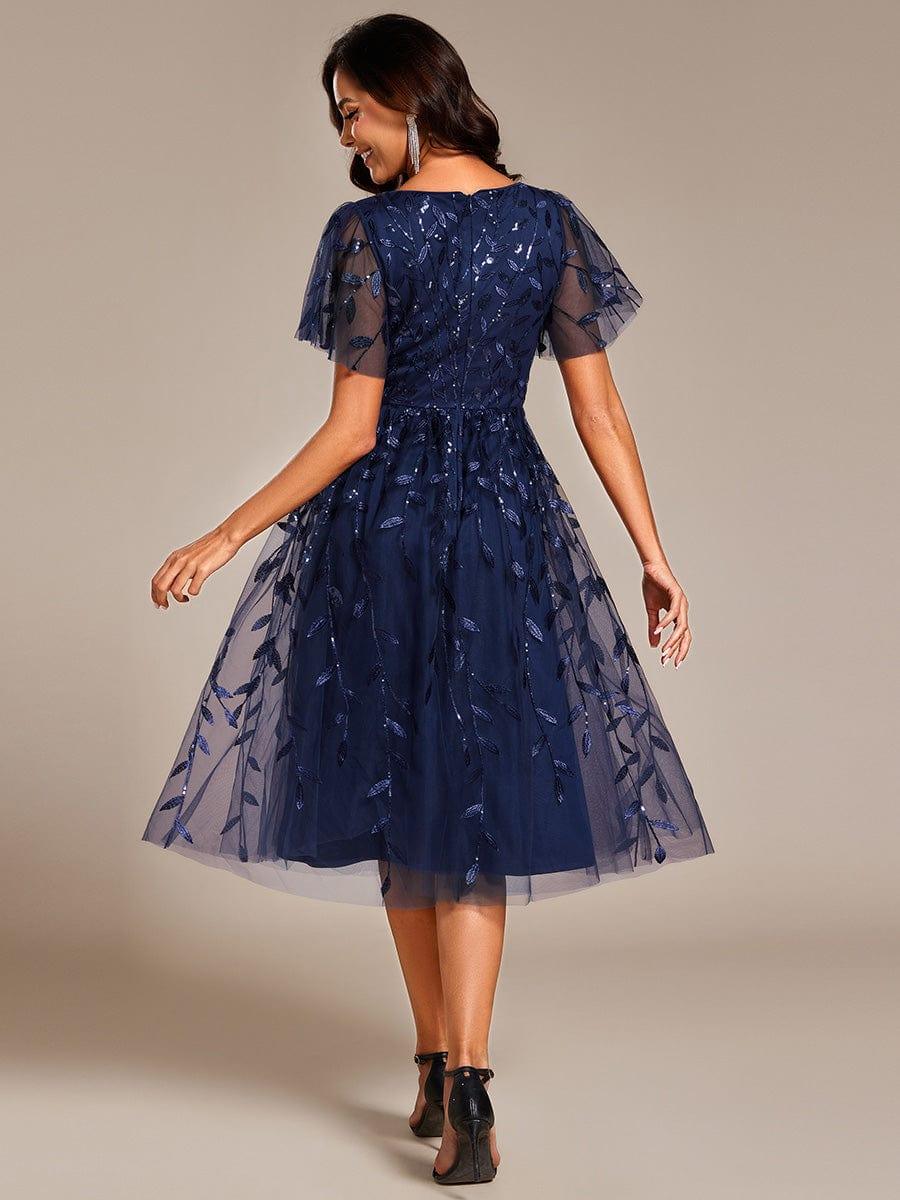 ever SIMONE|Leaf Sequin Short Sleeve Tulle Midi Wedding Guest Dress(Final Sale)