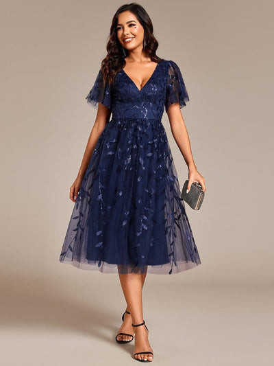ever SIMONE|Leaf Sequin Short Sleeve Tulle Midi Wedding Guest Dress(Final Sale)