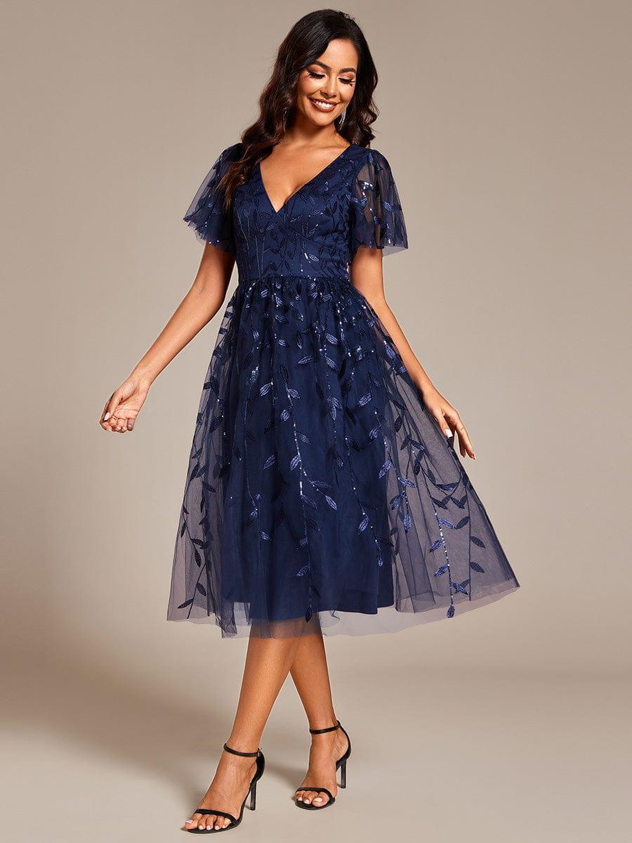 ever SIMONE|Leaf Sequin Short Sleeve Tulle Midi Wedding Guest Dress(Final Sale)