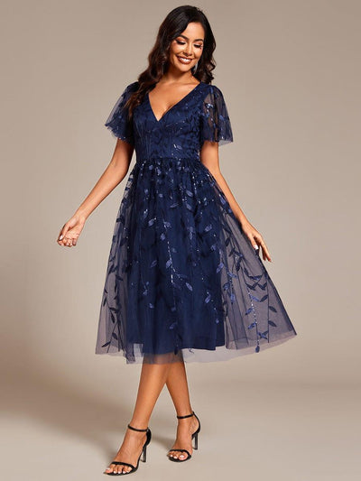 ever SIMONE|Leaf Sequin Short Sleeve Tulle Midi Wedding Guest Dress(Final Sale)