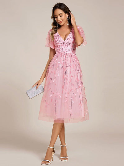 ever SIMONE|Leaf Sequin Short Sleeve Tulle Midi Wedding Guest Dress(Final Sale)