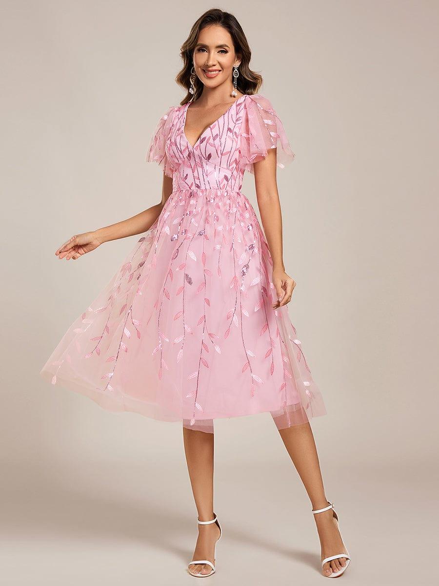 ever SIMONE|Leaf Sequin Short Sleeve Tulle Midi Wedding Guest Dress(Final Sale)