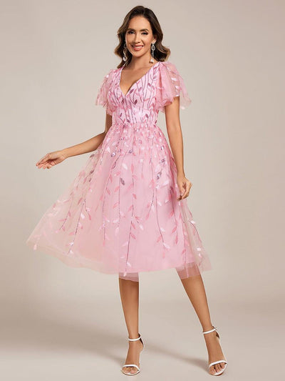 ever SIMONE|Leaf Sequin Short Sleeve Tulle Midi Wedding Guest Dress(Final Sale)