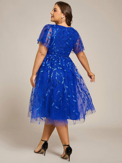 ever SIMONE|Leaf Sequin Short Sleeve Tulle Midi Wedding Guest Dress(Final Sale)