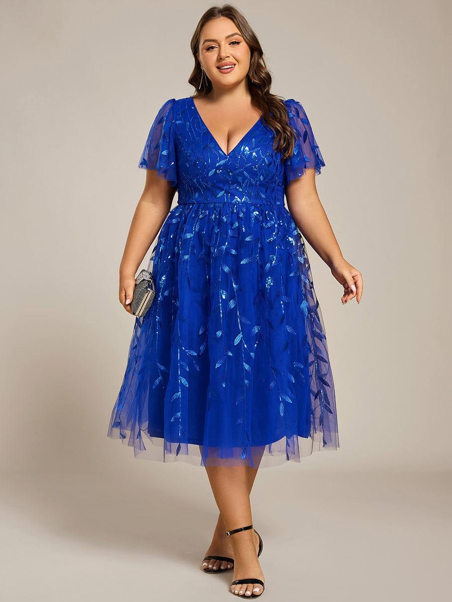 ever SIMONE|Leaf Sequin Short Sleeve Tulle Midi Wedding Guest Dress(Final Sale)
