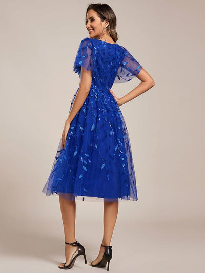 ever SIMONE|Leaf Sequin Short Sleeve Tulle Midi Wedding Guest Dress(Final Sale)