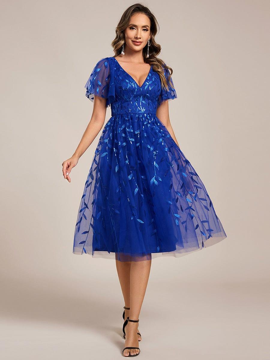 ever SIMONE|Leaf Sequin Short Sleeve Tulle Midi Wedding Guest Dress(Final Sale)