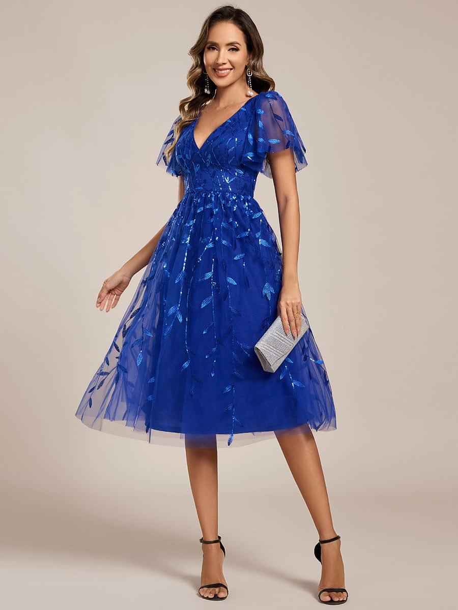 ever SIMONE|Leaf Sequin Short Sleeve Tulle Midi Wedding Guest Dress(Final Sale)