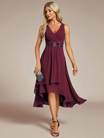 ever IRYS|Sleeveless Chiffon High-Low Wedding Guest Dress with Waist Applique