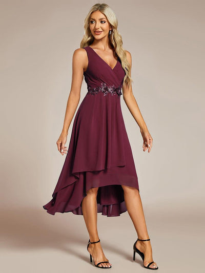 ever IRYS|Sleeveless Chiffon High-Low Wedding Guest Dress with Waist Applique