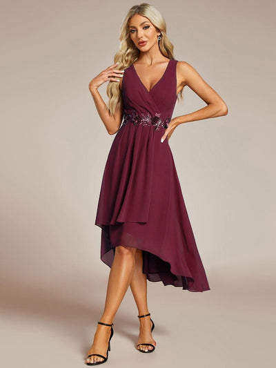 ever IRYS|Sleeveless Chiffon High-Low Wedding Guest Dress with Waist Applique