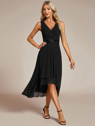 ever IRYS|Sleeveless Chiffon High-Low Wedding Guest Dress with Waist Applique