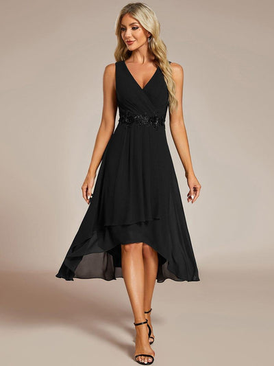ever IRYS|Sleeveless Chiffon High-Low Wedding Guest Dress with Waist Applique