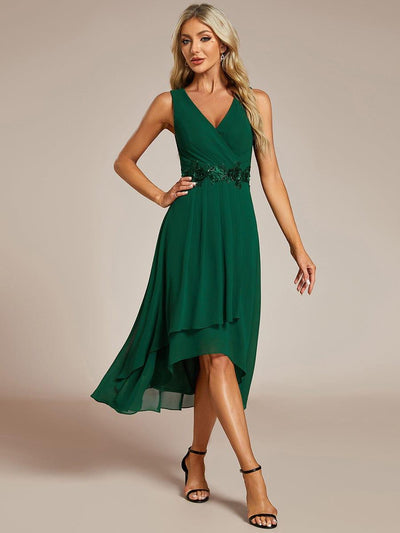ever IRYS|Sleeveless Chiffon High-Low Wedding Guest Dress with Waist Applique