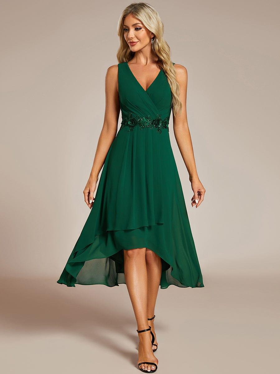 ever IRYS|Sleeveless Chiffon High-Low Wedding Guest Dress with Waist Applique
