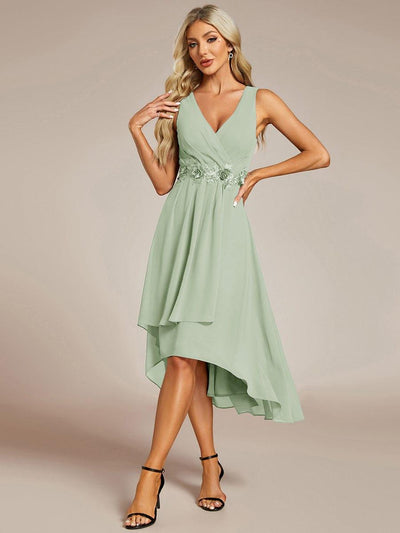 ever IRYS|Sleeveless Chiffon High-Low Wedding Guest Dress with Waist Applique