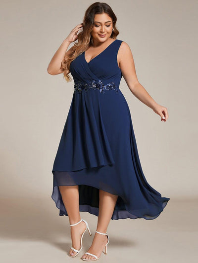 ever IRYS|Sleeveless Chiffon High-Low Wedding Guest Dress with Waist Applique