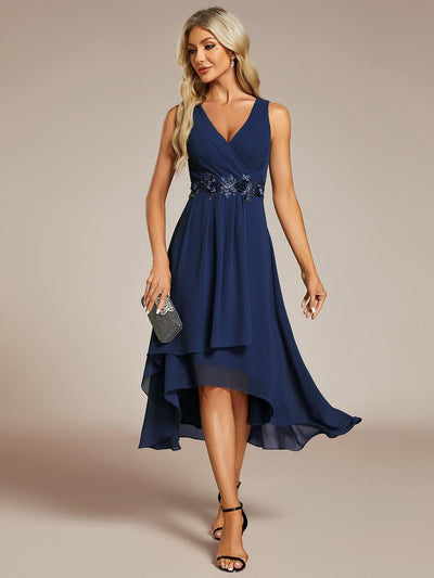 ever IRYS|Sleeveless Chiffon High-Low Wedding Guest Dress with Waist Applique
