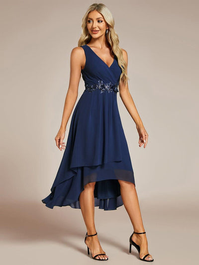 ever IRYS|Sleeveless Chiffon High-Low Wedding Guest Dress with Waist Applique