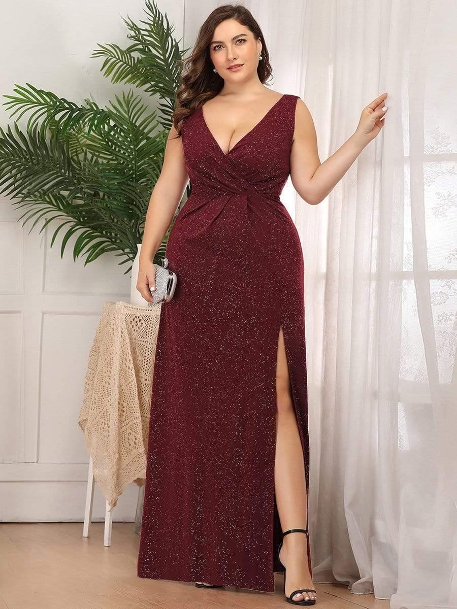 Floor Length V Neck Shimmery Evening Dresses with Side Split