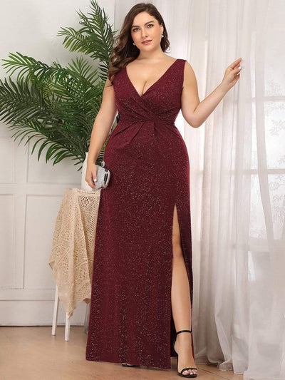 Floor Length V Neck Shimmery Evening Dresses with Side Split