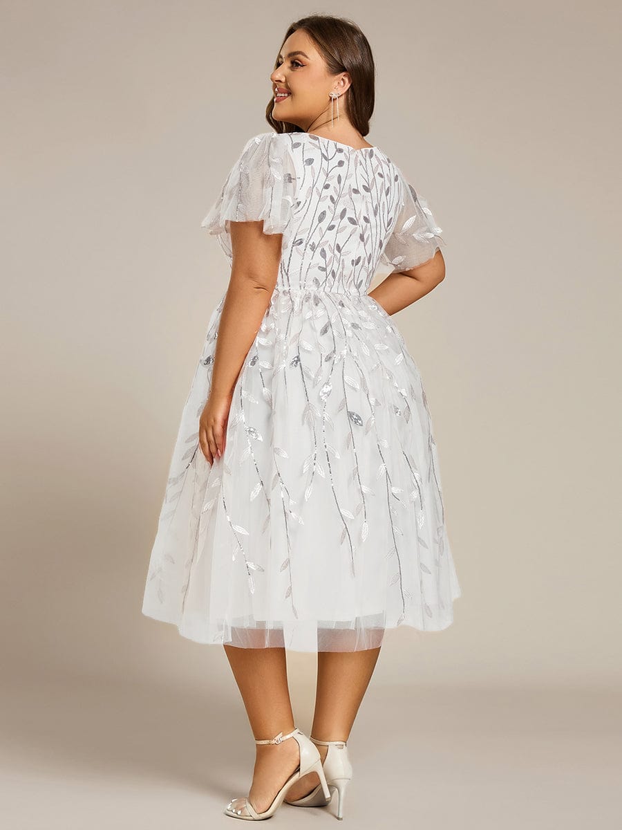 ever SIMONE|Leaf Sequin Short Sleeve Tulle Midi Wedding Guest Dress(Final Sale)
