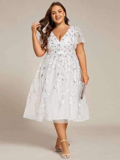 ever SIMONE|Leaf Sequin Short Sleeve Tulle Midi Wedding Guest Dress(Final Sale)