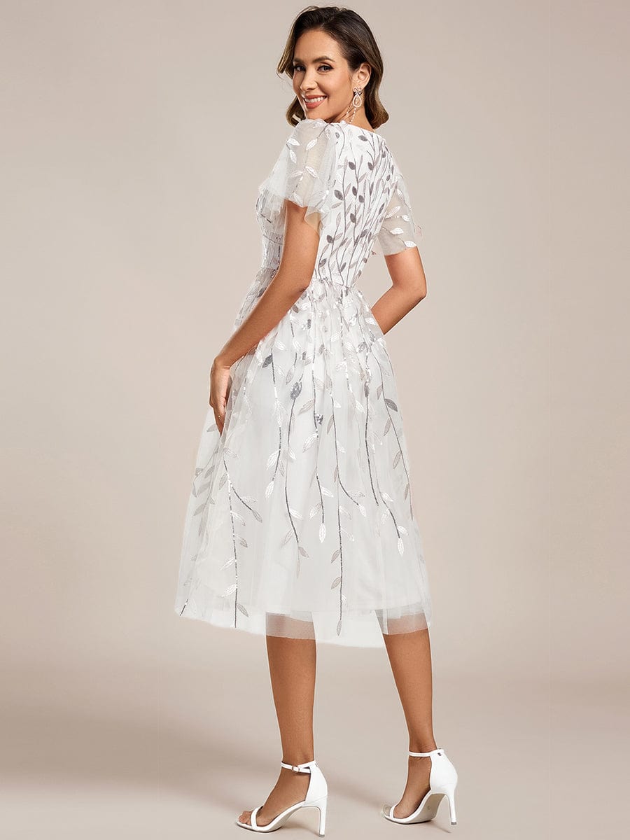 ever SIMONE|Leaf Sequin Short Sleeve Tulle Midi Wedding Guest Dress(Final Sale)