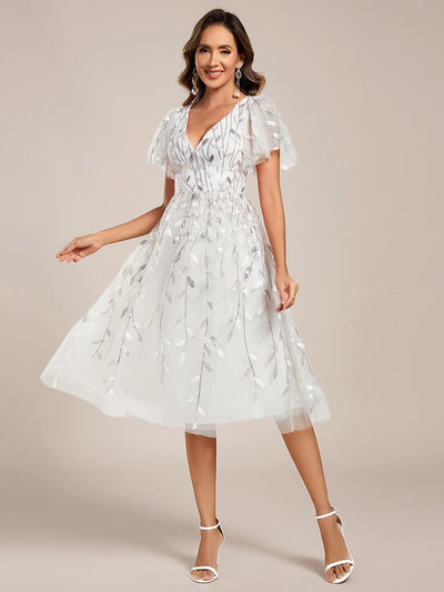 ever SIMONE|Leaf Sequin Short Sleeve Tulle Midi Wedding Guest Dress(Final Sale)