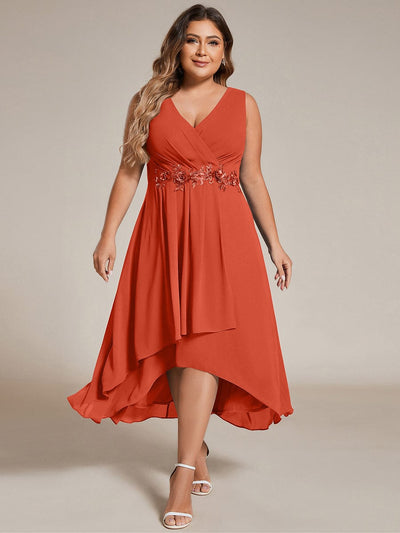 ever IRYS|Sleeveless Chiffon High-Low Wedding Guest Dress with Waist Applique
