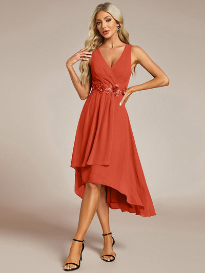 ever IRYS|Sleeveless Chiffon High-Low Wedding Guest Dress with Waist Applique