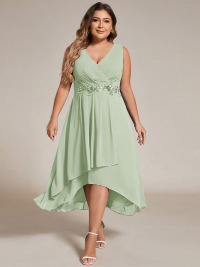 ever IRYS|Sleeveless Chiffon High-Low Wedding Guest Dress with Waist Applique