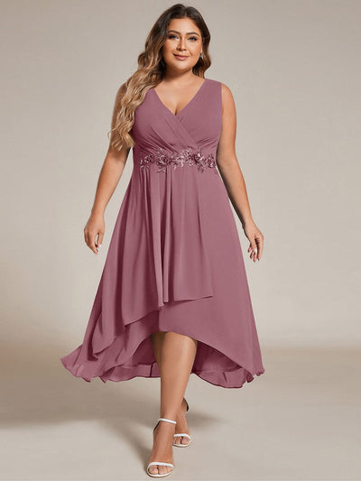 ever IRYS|Sleeveless Chiffon High-Low Wedding Guest Dress with Waist Applique