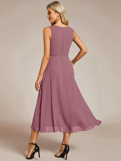 ever IRYS|Sleeveless Chiffon High-Low Wedding Guest Dress with Waist Applique