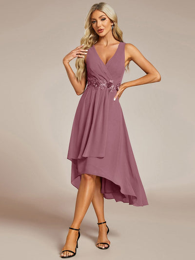 ever IRYS|Sleeveless Chiffon High-Low Wedding Guest Dress with Waist Applique