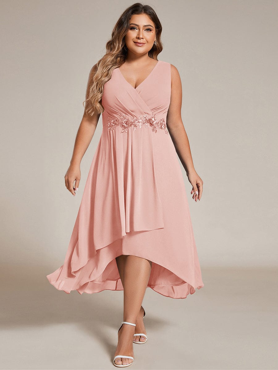 ever IRYS|Sleeveless Chiffon High-Low Wedding Guest Dress with Waist Applique
