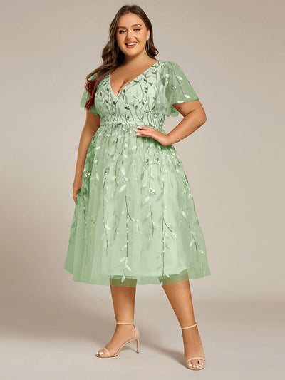 ever SIMONE|Leaf Sequin Short Sleeve Tulle Midi Wedding Guest Dress(Final Sale)
