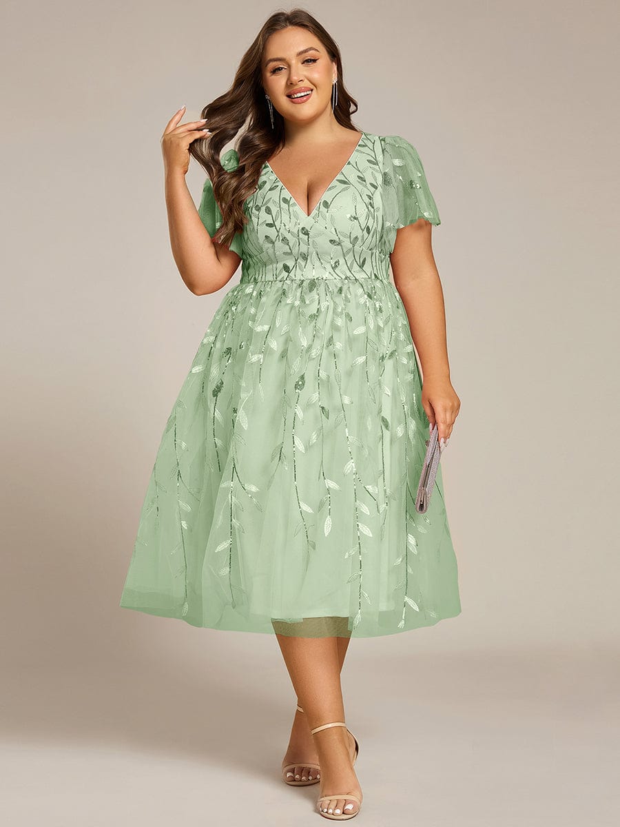 ever SIMONE|Leaf Sequin Short Sleeve Tulle Midi Wedding Guest Dress(Final Sale)