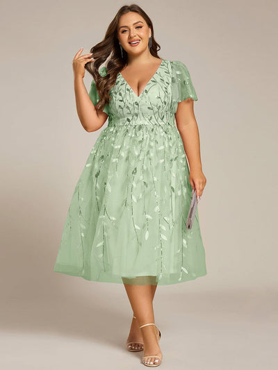 ever SIMONE|Leaf Sequin Short Sleeve Tulle Midi Wedding Guest Dress(Final Sale)