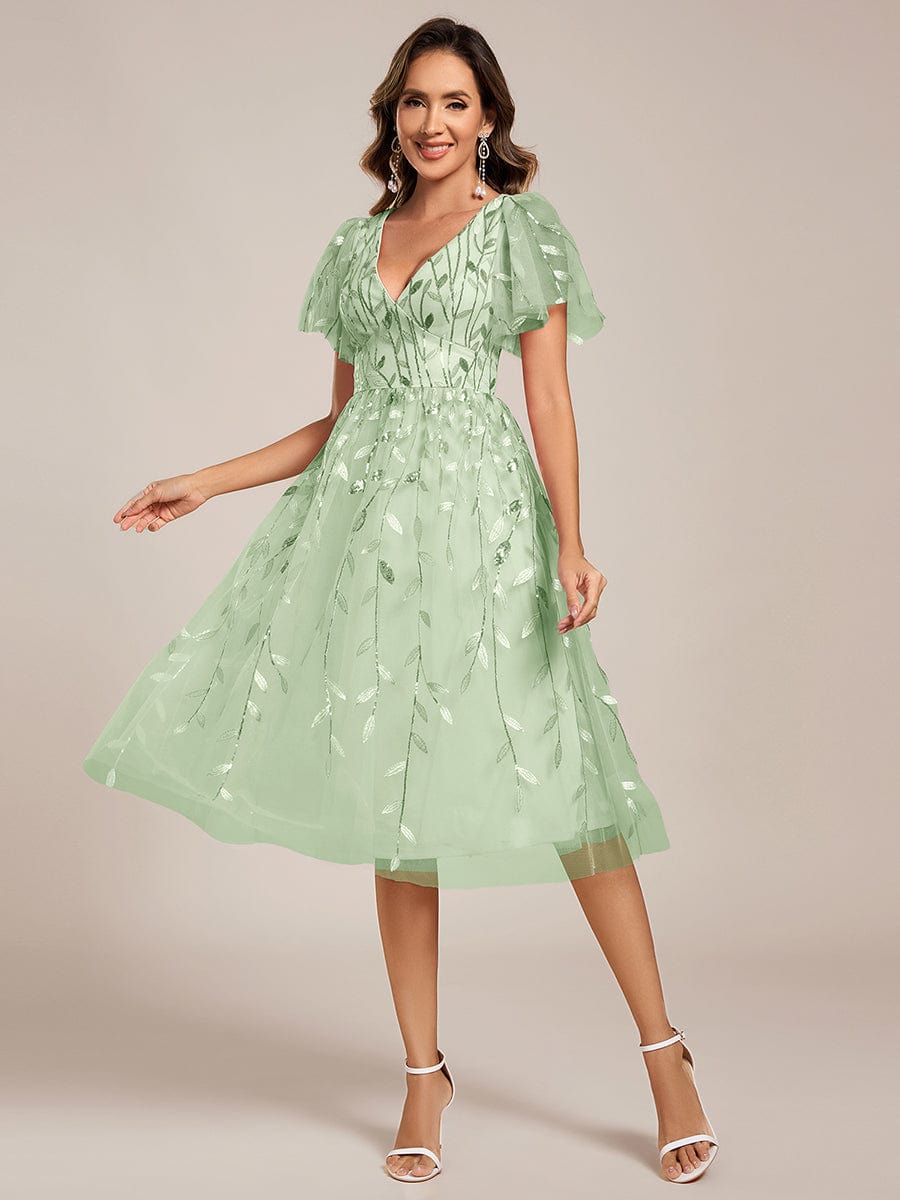 ever SIMONE|Leaf Sequin Short Sleeve Tulle Midi Wedding Guest Dress(Final Sale)