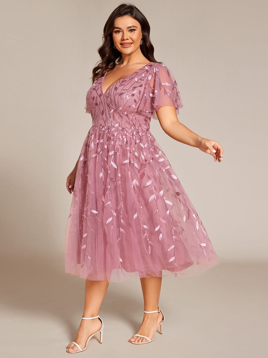 ever SIMONE|Leaf Sequin Short Sleeve Tulle Midi Wedding Guest Dress(Final Sale)