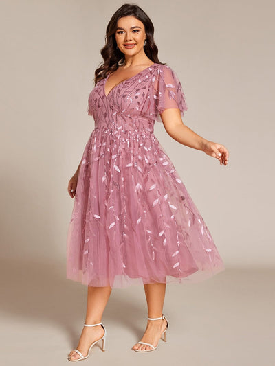 ever SIMONE|Leaf Sequin Short Sleeve Tulle Midi Wedding Guest Dress(Final Sale)