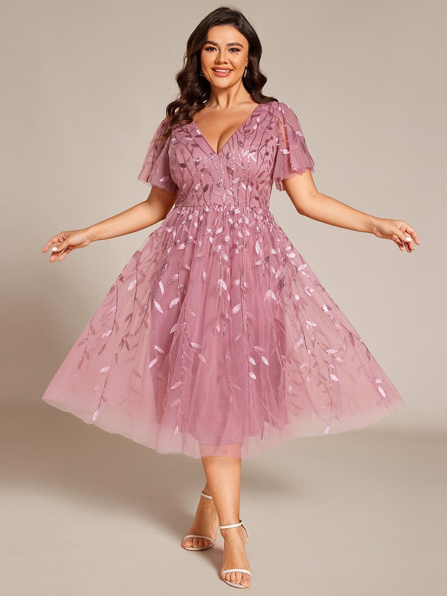 ever SIMONE|Leaf Sequin Short Sleeve Tulle Midi Wedding Guest Dress(Final Sale)