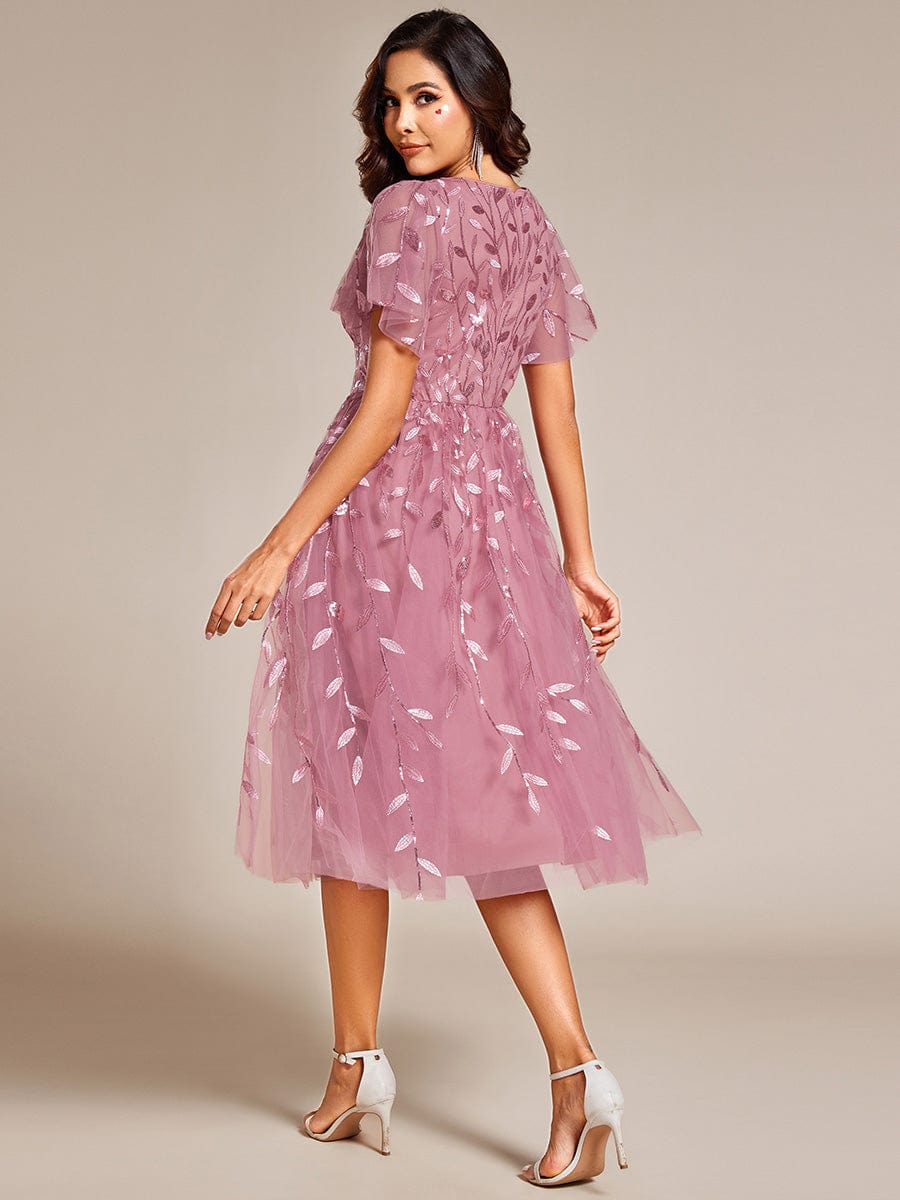 ever SIMONE|Leaf Sequin Short Sleeve Tulle Midi Wedding Guest Dress(Final Sale)