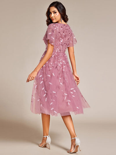 ever SIMONE|Leaf Sequin Short Sleeve Tulle Midi Wedding Guest Dress(Final Sale)