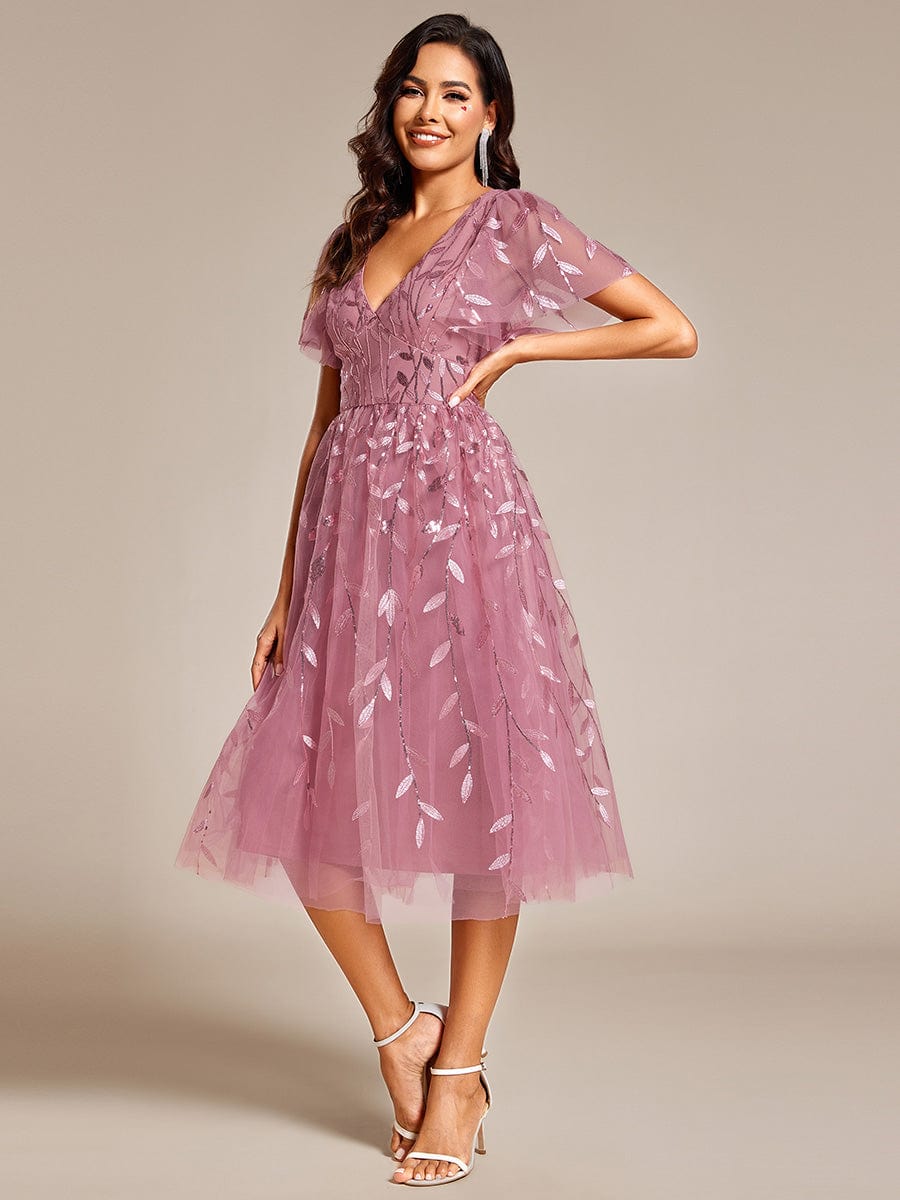 ever SIMONE|Leaf Sequin Short Sleeve Tulle Midi Wedding Guest Dress(Final Sale)