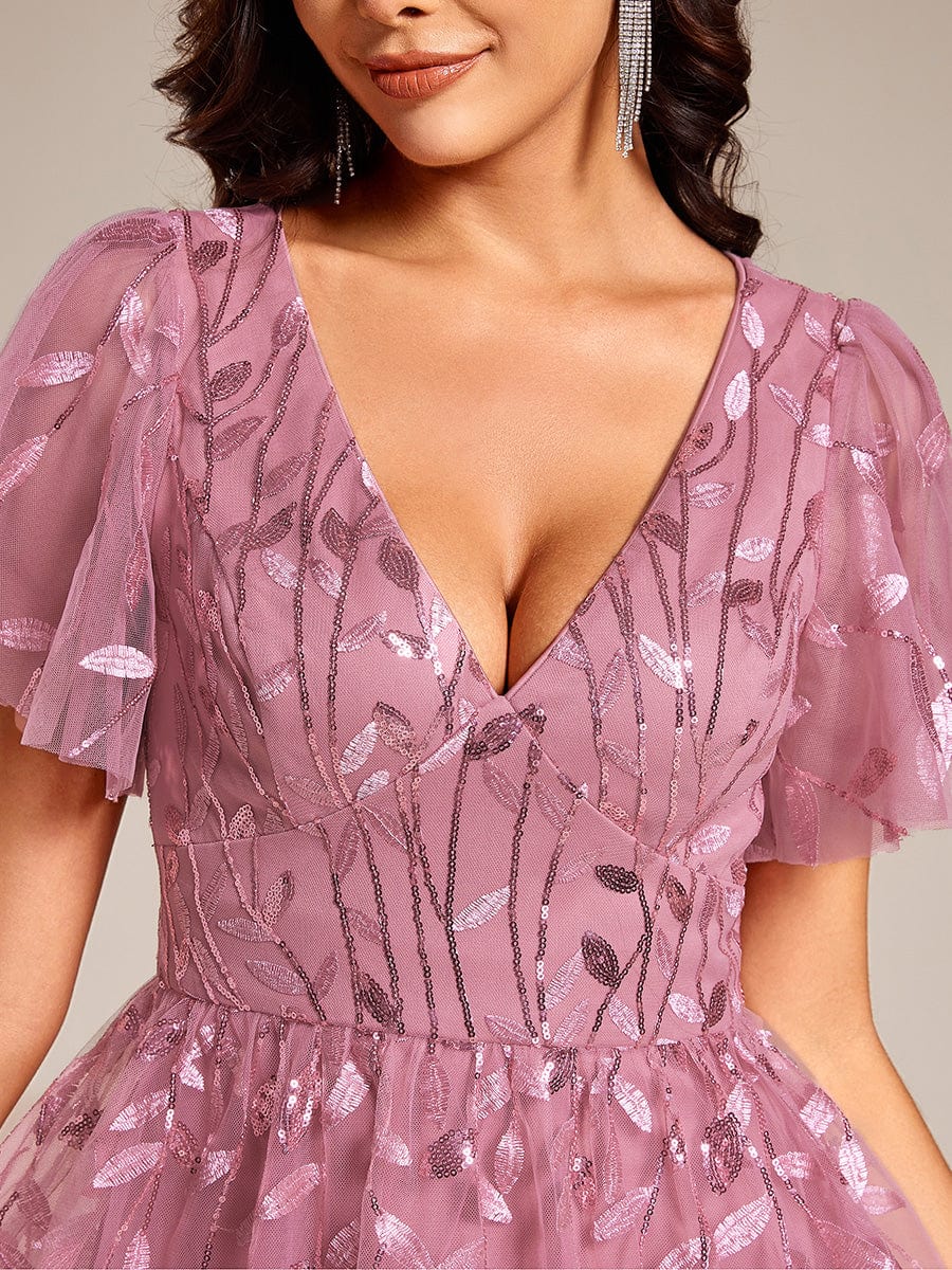 ever SIMONE|Leaf Sequin Short Sleeve Tulle Midi Wedding Guest Dress(Final Sale)