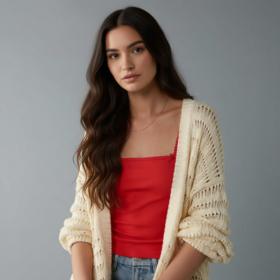 Cardigan Traforato Avorio con Maniche a Palloncino