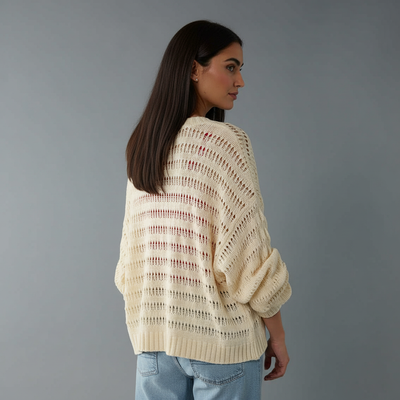 Cardigan Traforato Avorio con Maniche a Palloncino