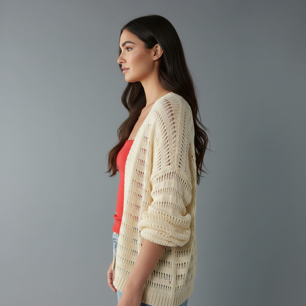 Cardigan Traforato Avorio con Maniche a Palloncino